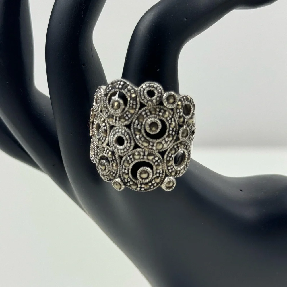 MARCASITE CIRCLES RING Wide Band CZ Stones 925‎ STERLING SILVER Size 6.75